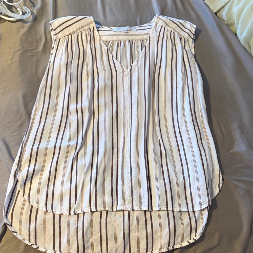 LOFT Cream Sleeveless V-Neck Top with Brown Stripes